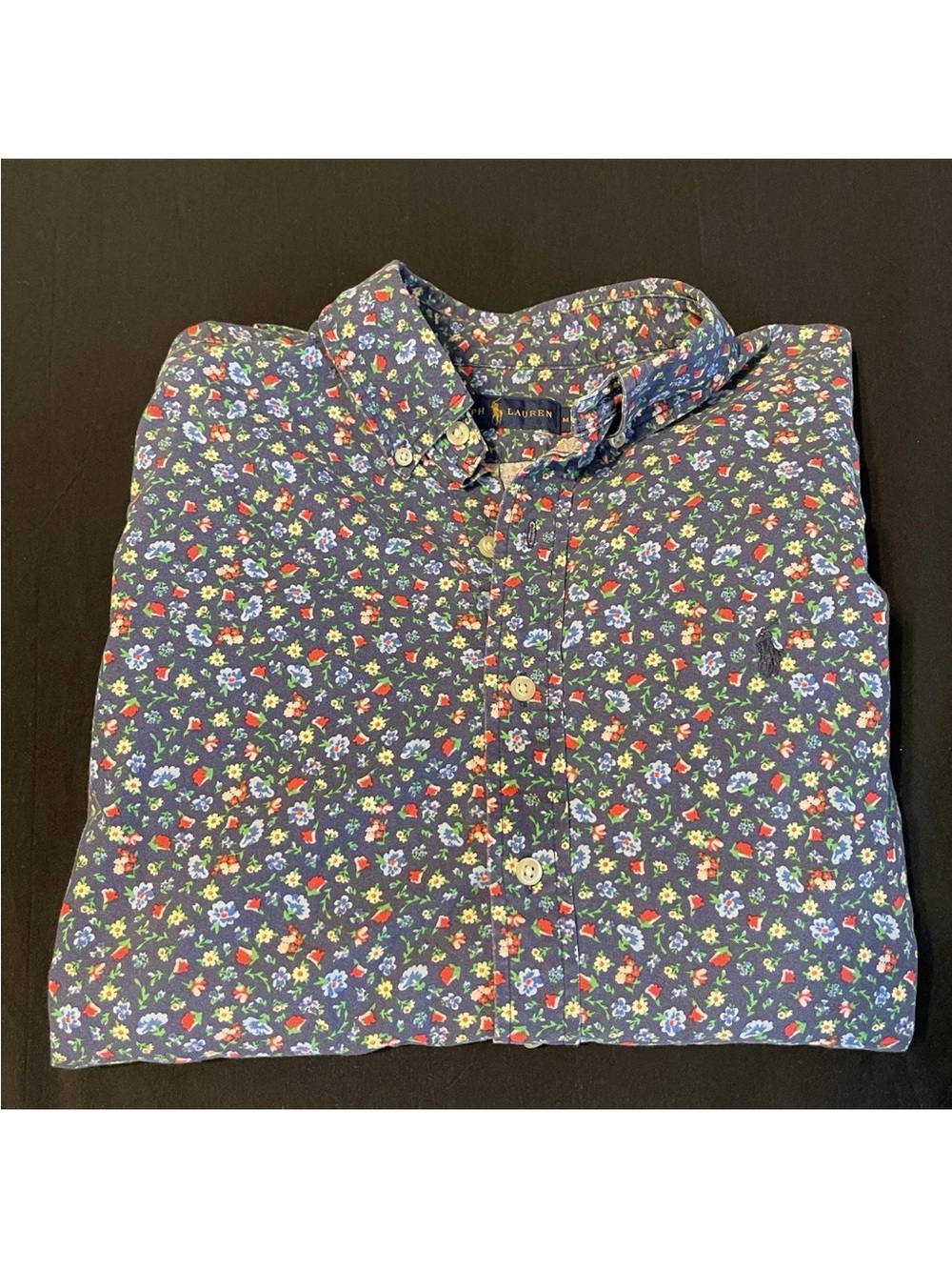 Polo Ralph Lauren Shirt Mens M Navy Blue Floral Ditsy Print Short Sleeve Preppy